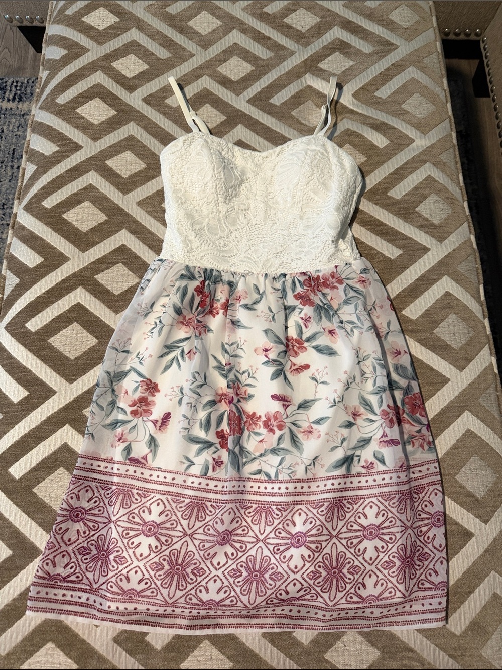 Lily Rose White Floral Lace Bustier Mini Dress with Pink Border